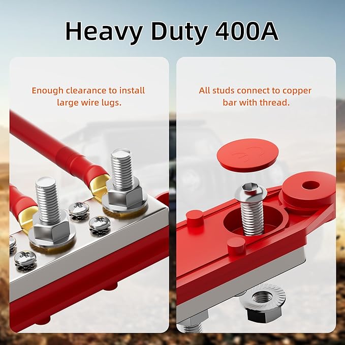 RVBOATPAT 400A Power Distribution Block 12V Bus Bar 4 x 5/16" (M8) Terminal Studs and 6 x #8 Terminal Screws 12 Volt Marine Bus Bar Positive & Negative