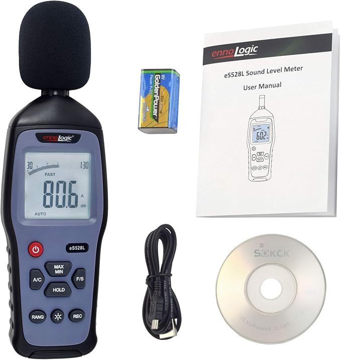 eS528L Decibel Meter and Recorder by ennoLogic – Digital Sound Level Meter and Noise Logger – Max/Min/Hold, 30-130 dBA Range, Updated Software | Digital Decibel Meter and Recorder, Max/Min/Hold, 30-130 dBA Range, Updated Software