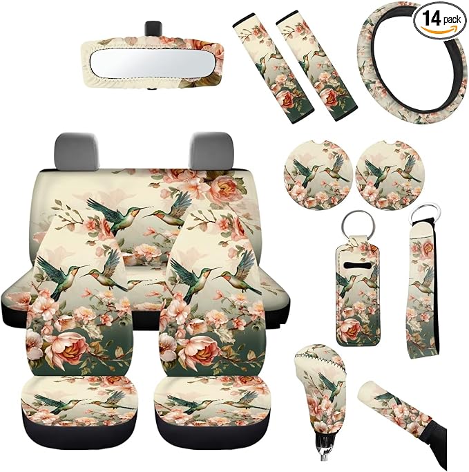 Hummingbird Vintage Flower Automotive Seat Covers Accessory 14pack Hummingbirds Car Seats Full Set with Steering Wheel Cover Shoulder Seatbelt Pads Vehicle Cup Pad,Interior Mirror Covers