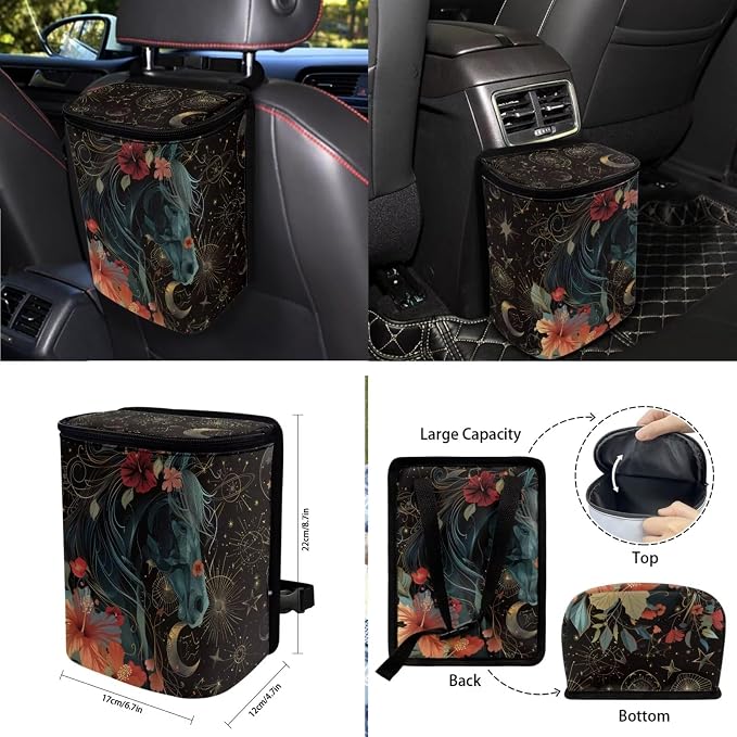 Horse Hibiscus Moon Star Pattern Print 10 Pack Car Accessories, Front and Rear Seat Covers Car Trash Bin Steering Wheel Cover Cup Holders Keychain Air Vent Storage Bag Car Interior Decor