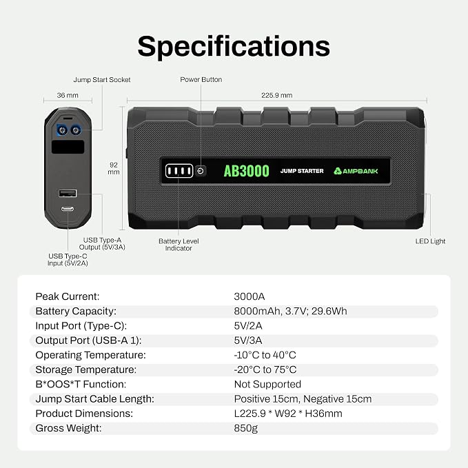 Battery Jump Starter 3000A, 12V Jumper Box for Car Battery Portable, Car Jumper for Up to 6.0L Gasoline and 4.0L Diesel Engines, AB3000 Portable Jump Starter
