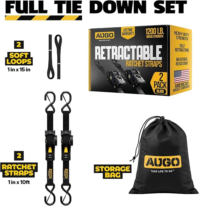 AUGO Retractable Ratchet Straps | 2 Heavy Duty Ratchet Straps Self Retractable Tie Downs with Soft Loops & Storage Bag for Motorcycle, Truck, Trailer, Cargo Van | 1200 Lb Break Strength 1” x 10’