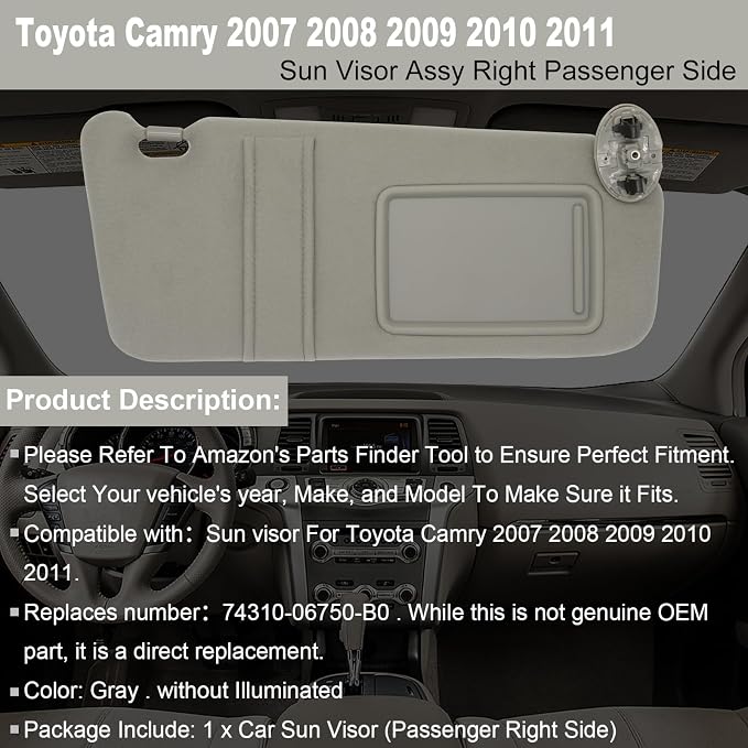 NHILES Right Passenger Side Sun Visor Compatible with Toyota Camry Without Light 2007 2008 2009 2010 2011 Replaces# 74310-06750-B0 Color Gray