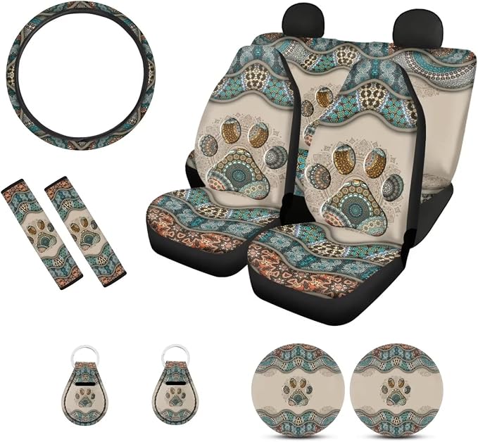 Suobstales Boho Car Accessories for Women Men Dog Paw Print Seat Covers for Car, Trucks, SUV Full Set Interior Cover Seat Protectors with Steering Wheel Cover,Seat Belt Pads,Coaster,Keychains