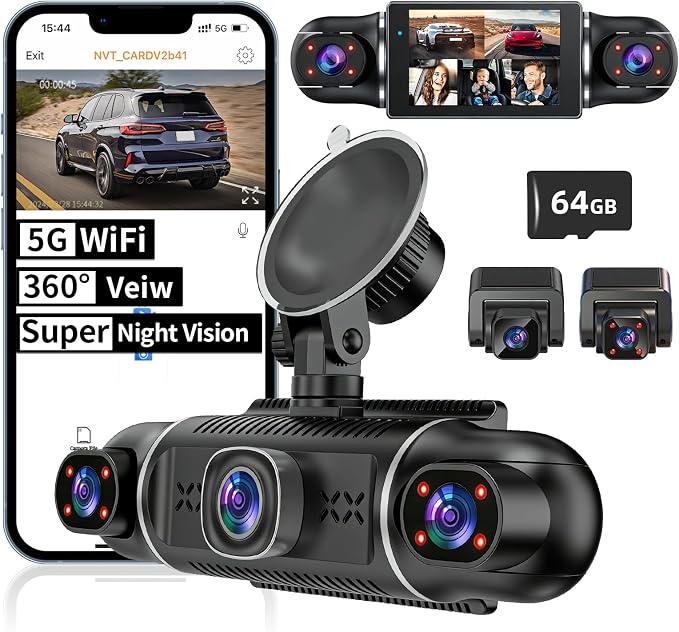 5Channel Dash Cam,Front and Rear, 360° Dash Camera, 2160P/1080P UHD, Super Night Vision with IR LEDs, Built-in 5G WiFi, G-Sensor, 24-Hour Parking Monitoring, Includes 64GB TF Card, 3Inch Screen