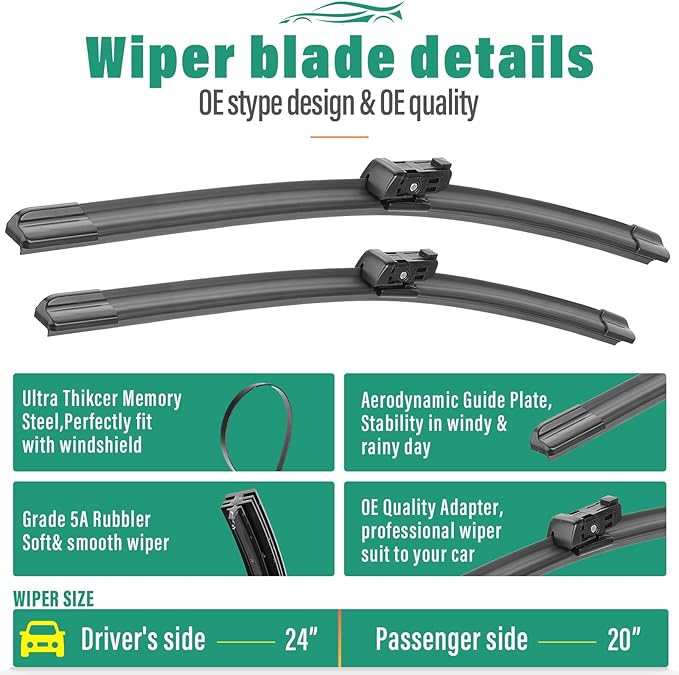 24" 20" 13" Windshield Wiper Blades Replacement for 2019-2024 Audi Q3 / 2009-2017 Audi Q5 SQ5 / 2017-2024 Porsche Panamera Premium All Weather Front Rear Wipers Set - OEM Quality (Pack of 3)