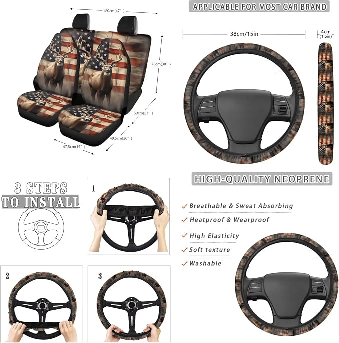 Suobstales Deer American Flag Print Car Accessories Car Seats Cover Protector, Steering Wheel Covers, Seatbelt Cover, Car Trash Can, Cup Coasters, Rearview Mirror Cover, Keychains, Pack of 13