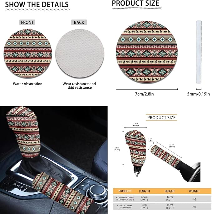 Dreaweet Aztec Ethnic Tribal Horse Car Seat Covers Full Set 12 Pcs Car Accessories,Steering Wheel Cover/Armrest Cover/Seatbelt Covers/Cup Coasters/Gear Shift Cover/Handbrake Cover,Universal Fit