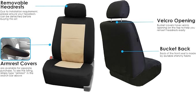 FH Group FB085114 +F11306 Premium Waterproof Seat Covers (Beige) Full Set – Universal Fit for Cars Trucks & SUVs