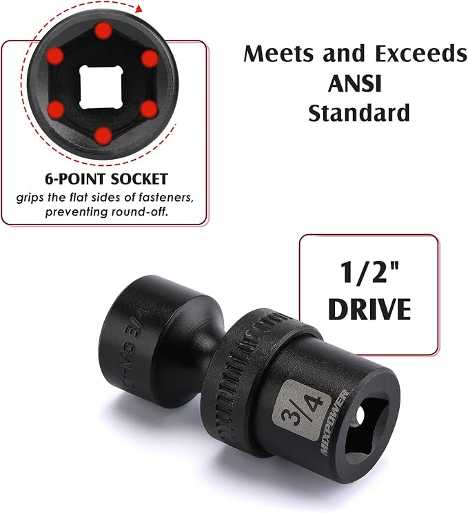 MIXPOWER 1/2" Drive Shallow Impact Universal Joint Swivel Socket Set, SAE, 7/16" to 1-1/4", Shallow, Flexible Wobble, Chrome Molybdenum Steel, 14 Pieces Set