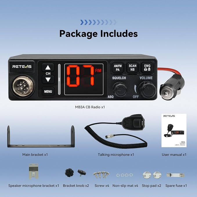 Retevis MB3A 40-Channel AM/FM CB Radio with Cigarette Lighter Plug - 12V & 24V Dual-Voltage for Car and Truck, ANL/NB Noise Reduction, Cooling Set,Hands-Free,PA System,Backlit LCD & Full Mounting Kit