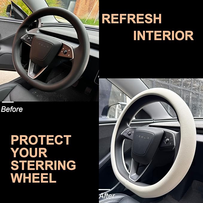 PINCTROT Nappa Leather Steering Wheel Cover for Tesla Model Y/3 Highland/Juniper, D Shaped 14 Inch Small Sized with Breathable Perforation, Fit Like Gloves, Flat Bottom 14 Inch(Nappa White)