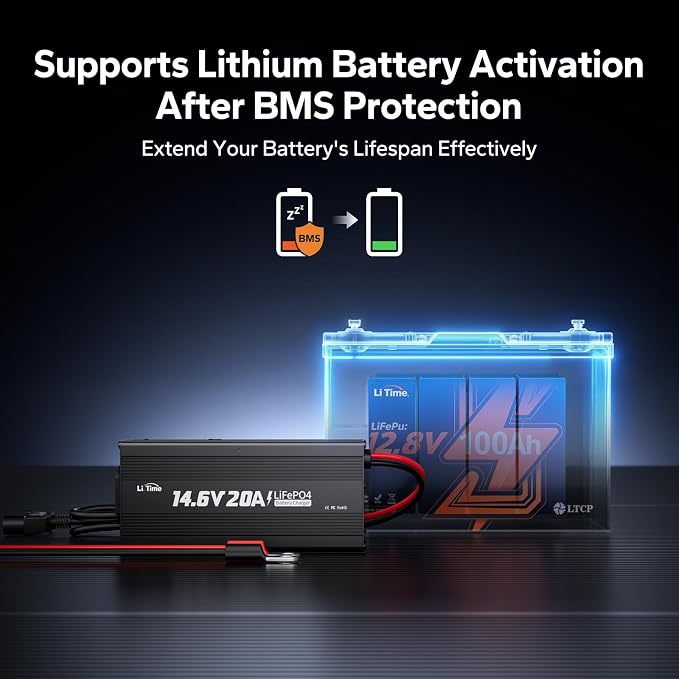 LiTime 12V 20A Lithium Battery Charger, AC-DC Charger with Anderson Connector & LED Indicator for 14.6V LiFePO4, Smart Charger for RV, Off-Grid, Home, Deep Cycle Battery, Solar System