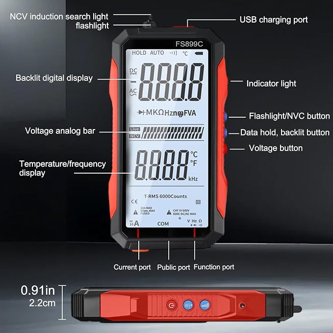 Digital Multimeter With USB Charging Capability Digital Multimeter Fully Automatic Digital-Display FS899L Color Screen For Accurate Electrical Measurements Including Voltage Current Readings(FS899C)