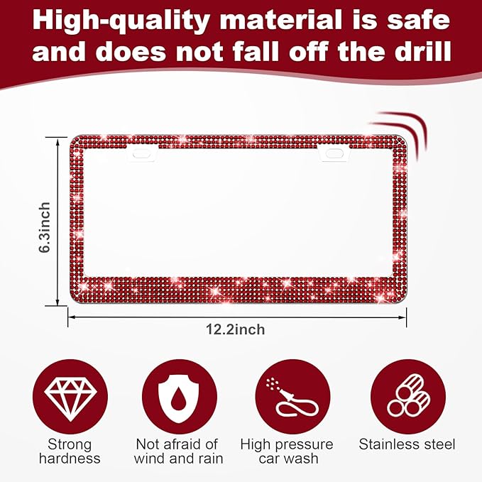 QUANQIUFEI 2 Pack Bling License Plate Frames for Women, Sparkly Rhinestone Diamond Car Accessories with Glitter Crystal Caps (Burgundy)
