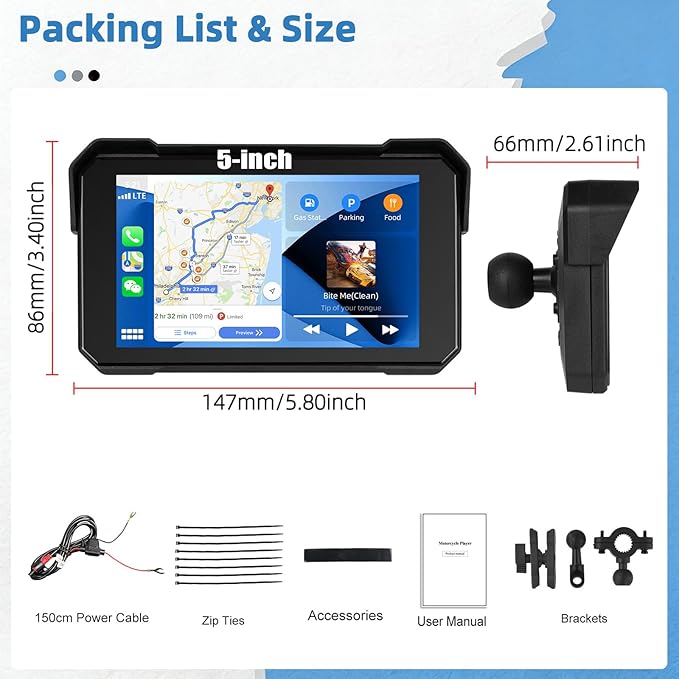 GPS CarPlay 5" IPS Motorcycle CarPlay Screen for Motorcycle with A-pple Wireless CarPlay & Android Auto, IP68 Waterproof, Supports Bluetooth,Navigation,S-IRI/G-oogle Assistant, Vioce Control, Bracket