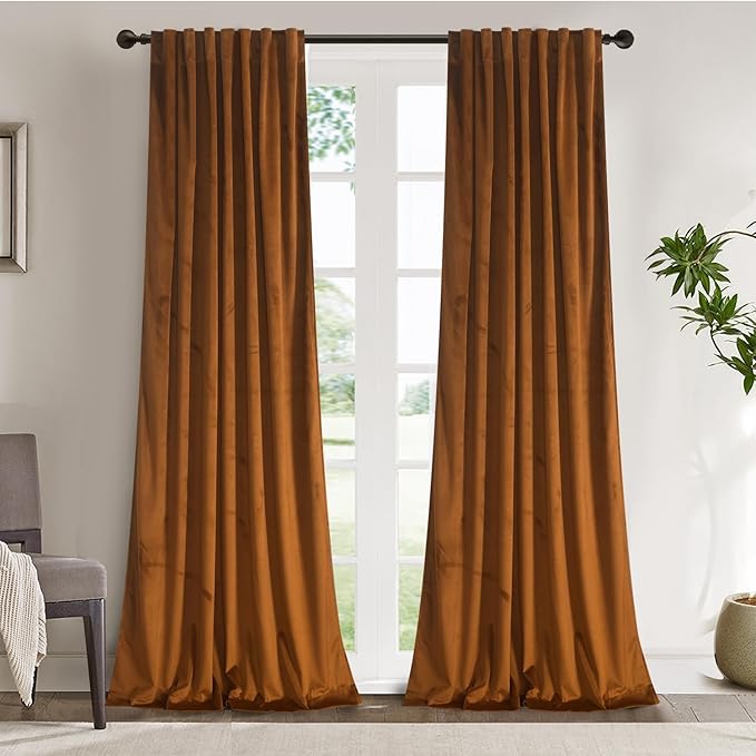 Roslynwood Luxury Soft Brown Velvet Curtains 72 inches Long Back Tab Thermal Insulated Blackout Window Drapes for Living Room/Bedroom/Dining Room, W52 x L72, 2 Panels