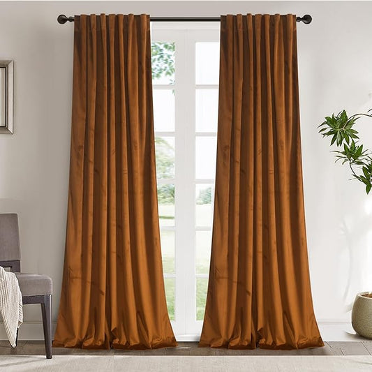 Roslynwood Luxury Soft Brown Velvet Curtains 72 inches Long Back Tab Thermal Insulated Blackout Window Drapes for Living Room/Bedroom/Dining Room, W52 x L72, 2 Panels
