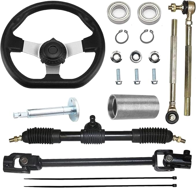 PRO BAT Go Kart 270mm/10.6'' Front Steering Wheel Assembly 420mm/16.5'' Gear Rack Pinion Adjustable Shaft Tie Rod Kit for 50cc 70cc 90cc 110cc 125cc 140cc 150cc Go Cart Golf UTV Buggy ATV