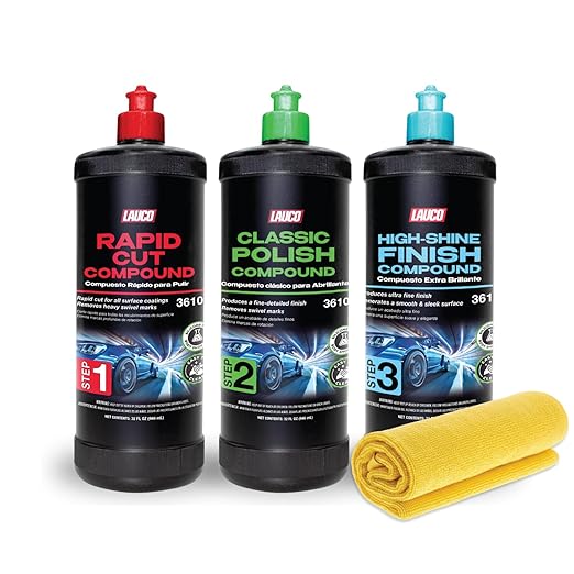 LAUCO 3-Step Kit – Steps 1 2 3 – 32oz, with a Towel, Professional Silicone-Free Cutting, Polishing & Finishing Compounds for Scratch Removal, Clear Coat Safe High-Gloss Finish 36454