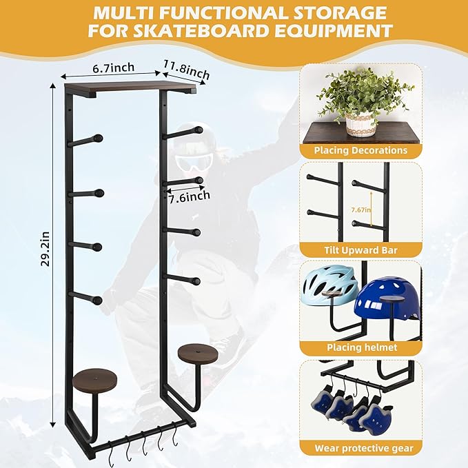 Skateboard Wall Mount Rack — Horizontal Multi-Board Display Shelf & Hanger, Longboard Deck Cruiser Holder, Wooden Helmet Stands & Accessories Hooks, Home Garage Wall Storage Organizer (Black)