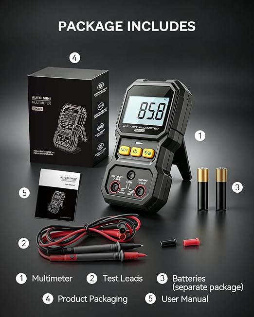 DM202 Mini Multimeter, 4000 Counts True RMS Auto-Ranging, NCV, Voltage/Current/Resistance/Continuity, Data Hold Backlight, Portable Pocket Meter for Auto Home Electrical Test