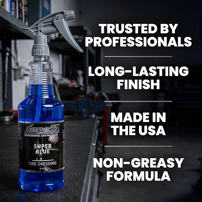 LANE'S Super Blue Tire Dressing Spray | High-Gloss Car Tire Shine Spray | No Sling, No Run, Long Lasting | Protects from Cracks & UV Rays | Non-Greasy Automotive Dressing & Cleaner | 32oz