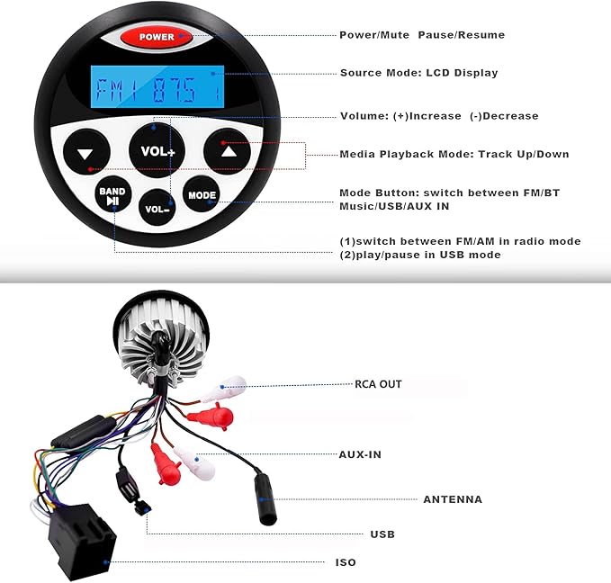 Boat Marine Stereo Receiver Bluetooth - 45 x 4 Watts Audio AM FM Gauge Waterproof Radio Tuner Streaming for Boats Golf Cart ATV UTV and Spa Hot Tubs GR304