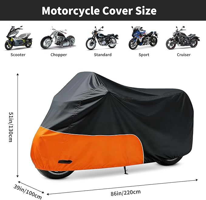 Motorcycle Cover 86 Inch with Relfection Strip, Compatible with Harley Davidson,Yamaha, Honda, Suzuki, Kawasaki All Weather Waterproof Outdoor and Dustproof Indoor, Black&Orange