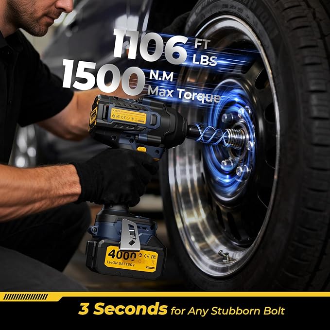 Cordless Impact Wrench, 1106ft-lbs(1500N.m) 1/2" Brushless Impact Gun, 2×4.0Ah Batteries, 4 Impact Modes, 5 Sockets, 21V High Torque Electric Impact Driver for Truck RV Car Heavy Construction
