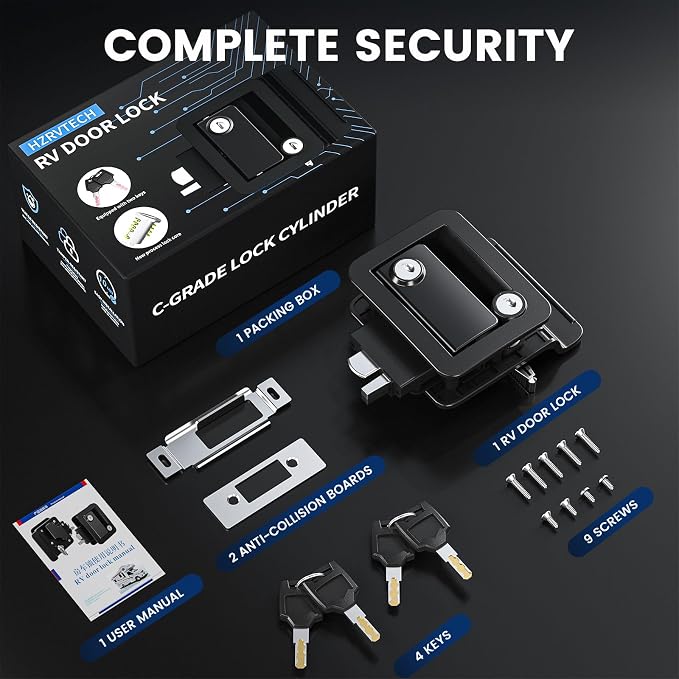 Upgraded RV Door Lock Replacement with Paddle Latch, Durable Black Camper Door Lock for Travel Trailers and Enclosed Trailer(Key with the Same Number)