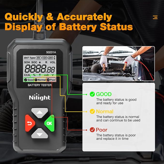 Nilight Car Battery Tester 6V 12V 24V Accurate Digital Auto Analyzer 100-2000 CCA Voltage SOH SOC Internal Resistance Test for Cars Trucks SUV ATV Boats Motorcycles Vehicle
