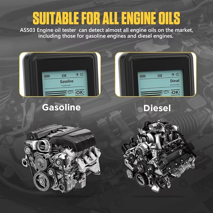 PLAYOCCAR Engine Oil Tester Gasoline & Diesel AS503 Motorcycle Engine Oil Quality Tester Kit Transmittance & Temperature Analysis Detector with 800MM High Precision Probes,2.8'' Backlit Display