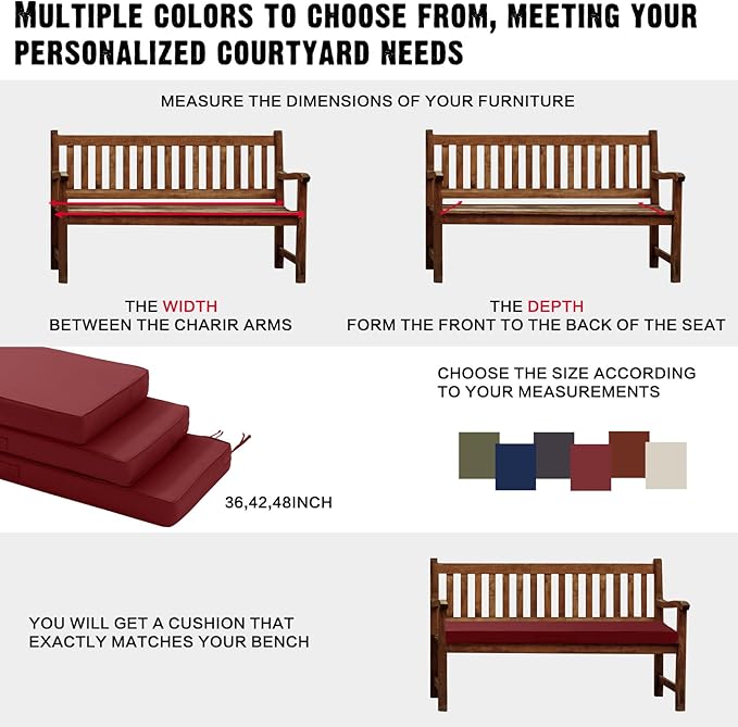 Outdoor Bench Cushion 4 inches Memory Foam Waterproof Patio Furniture Bench Cushion Porch Swing Cushion with Handle and Adjustable Strap, 36 x 18 Inch Burgundy