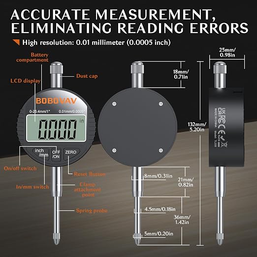 0-1inch/ 25.4mm Electronic Digital Dial Indicator with Magnetic Base Set with 176Lbs/80kg Magnetic Base & Inch/MM Conversion for Lathe, 3D Printer, Machining Calibration Inspection