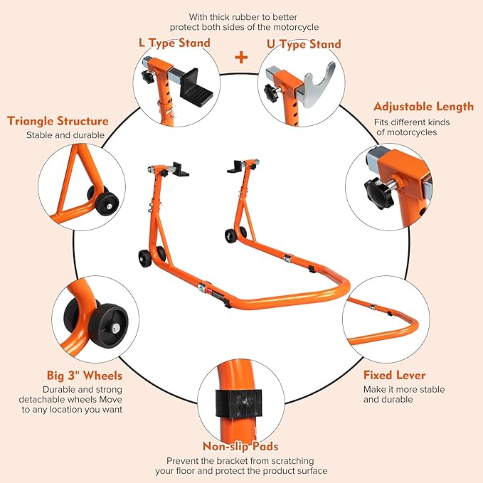 Donext Motorcycle Stand 850LB Adjustable Sport Bike Rear Wheel Lift Swingarm Paddock Stands Orange, 5 Adjustable Heights, U+L