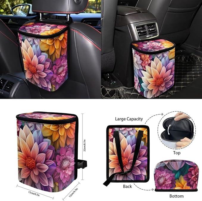 15Pcs Boho Blossoms Car Seat Cover Full Set for Women with Car Steering Wheel Cover Seat Belt Cover Trash Bin Front Rear View Mirror Car Cup Holder Keychain