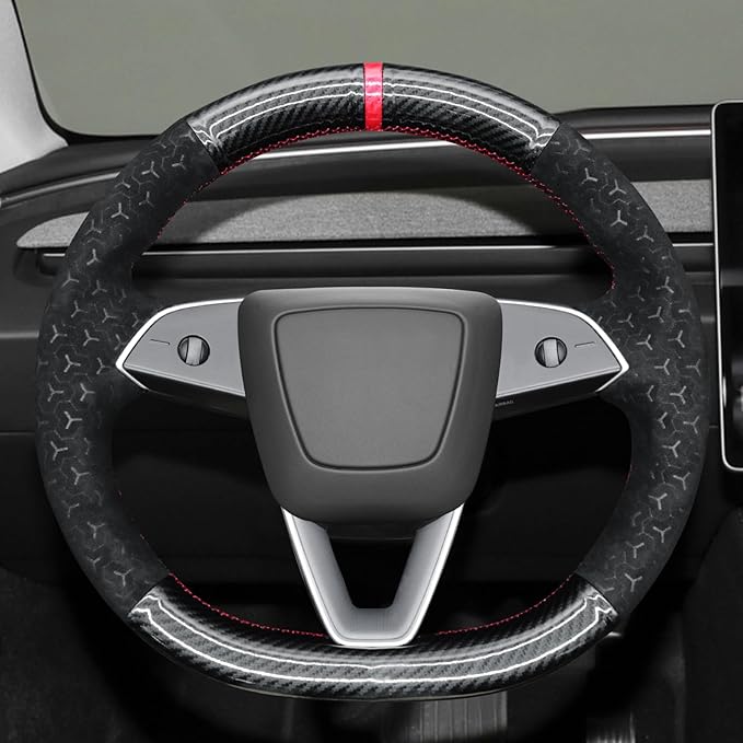 MEWANT DIY Shiny PU Carbon Fiber Geom Embossed Athsuede Steering Wheel Cover for Tesla Model Y Juniper Model 3 Highland