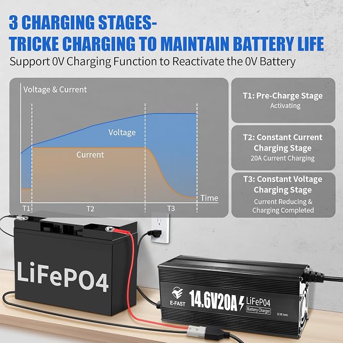 E-FAST 12V 20A Lithium Battery Charger, 14.6V LiFePO4 Battery Charger with Premium Aluminum Housing - 0V Activation for Golf Cart, RV, Marine, Boat, Trolling Motor - Includes Anderson Connector