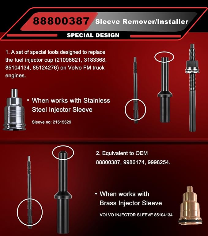 Injector Sleeve Cup Nozzle Tube Remover and Installer Tool Kit Compatible with Volvo D11 D13 D16 FM12, Mack Truck MP7 MP8 MP10 Engines, Replce OEM 9986174 88800387 88800196