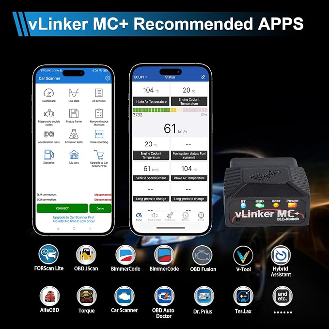 VGATE vLinker MC+ OBDII Bluetooth Adapter Car Wireless OBD2 Scanner All Systems Diagnostic Scan Tool and Code Reader Clear Faults Hacker-Proof for iOS, Android &Windowns