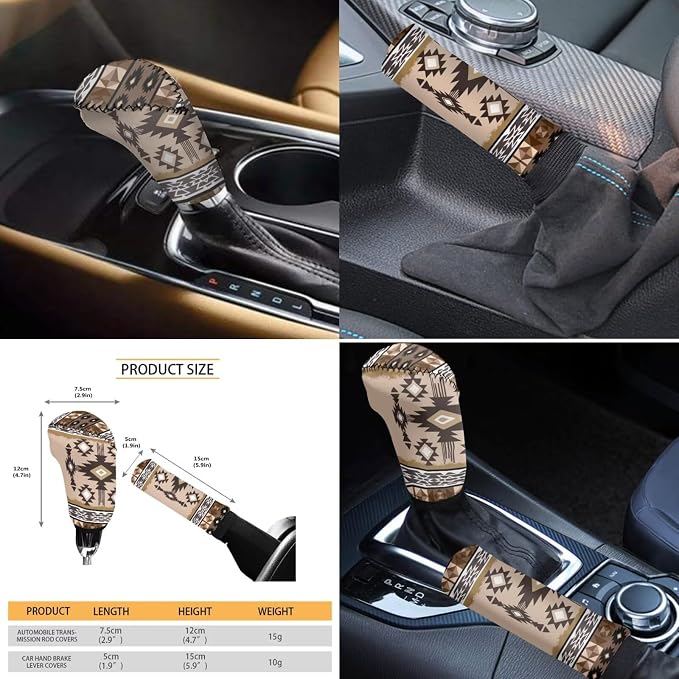 Wanyint Southwestern Aztec Khaki Car Seat Cover Full Set 11 PCS, with Steering Wheel Headrest Handbrake Gear Shift Cover Cup Holders Universal Fit Most Vehicles