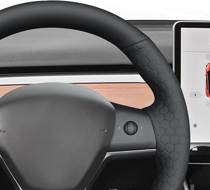 MEWANT Hand Stitch Steering Wheel Cover for Tesla Model Y Model 3 Made of Black Smooth Hexagon Embossed Faux Leather