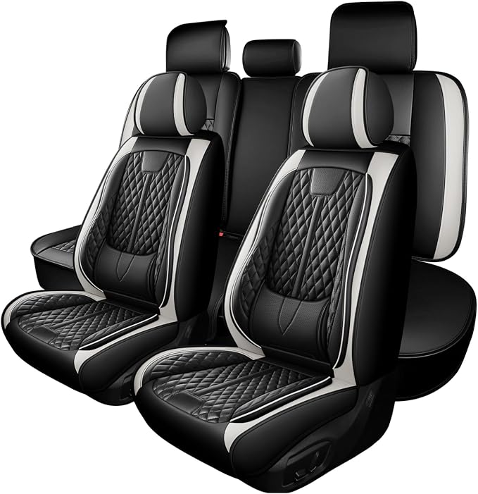 otoez Leather Car Seat Covers Full Set, Breathable Waterproof Nappa Leather Front Rear Car Seat Protectors with Lumbar Support, Universal Automotive Seat Covers for Cars SUV Truck Sedan (Black+White)