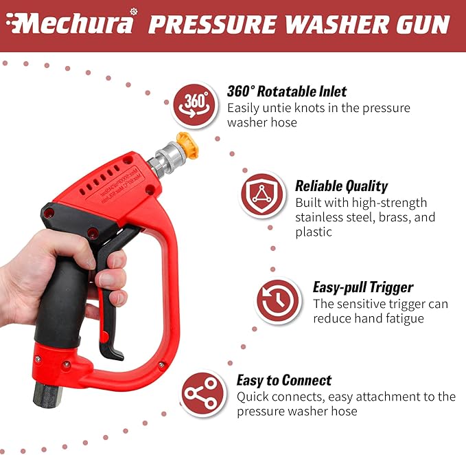 Pressure Washer Gun 5000 PSI, 360° Swivel Gun, Pressure Washer Accessories with 1/4" Quick Connect Outlet, Stubby Pressure Washer Gun with 5 Nozzle Tips, 3/8" Plug & M22-14mm Adapter