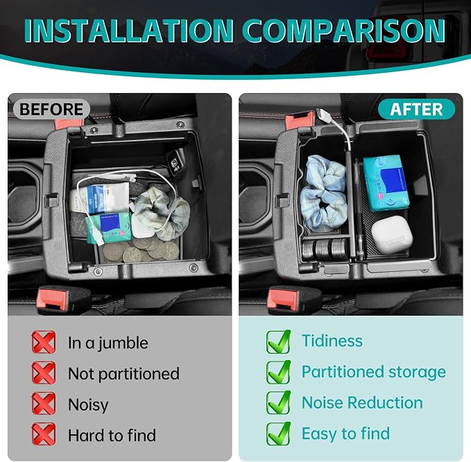 Center Console Organizer Compatible with 2018-2026 Jeep Wangler JL JLU 4xe Rubicon Sahara & 2020-2026 Gladiator JT Accessories, Armrest Storage Box Tray Fit for Jeep Interior Accessories
