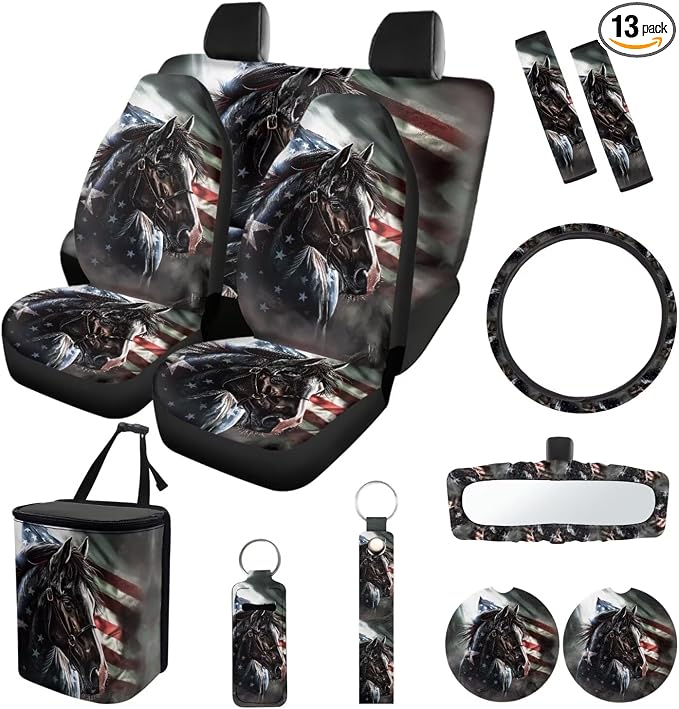 Suobstales Horse American Flag Print Car Accessories Car Seats Cover Protector, Steering Wheel Covers, Seatbelt Cover, Car Trash Can, Cup Coasters, Rearview Mirror Cover, Keychains, Pack of 13