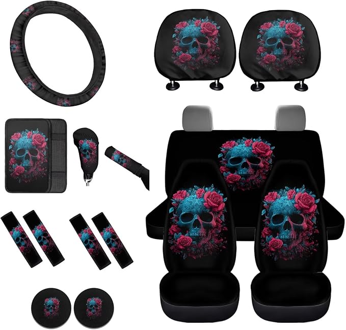 Lotusorchid Skull Print Automotive Seat Covers and Accessories, Rose Print Car Seats Covers Full Set with Steering Wheel Cover Car Armrest Box Pad Seat Belt Cover Auto Cup Coaster, Black
