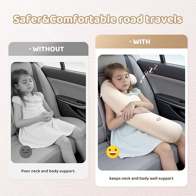 FLORICH Memory Foam Kids Travel Pillow, Car Sleeping Pillow, F-Shape Car Pillows for Adults and Children, Traveling Car Pillow for Kids with Removable Pillowcase (Dark Beige)