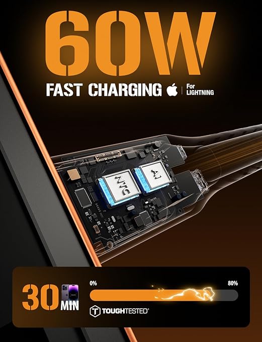 ToughTested USB C to Lightning Cable 8FT – MFi Certified iPhone Fast Charger Cord, P.E.T. ArmorWeave Braided, 3AMPS Fast Charging Compatible iPhone 14 13 12 11 Pro Max X XS XR 8 7 6 Plus and More
